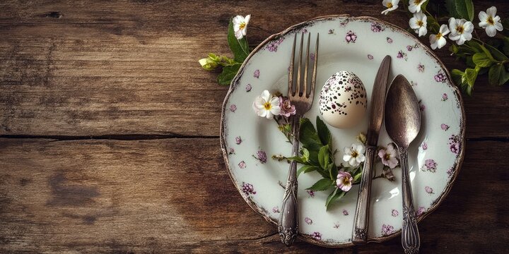 Elegant cutlery set with a quail egg and floral accents on a rustic wooden table with ample negative space for text in pastel colors