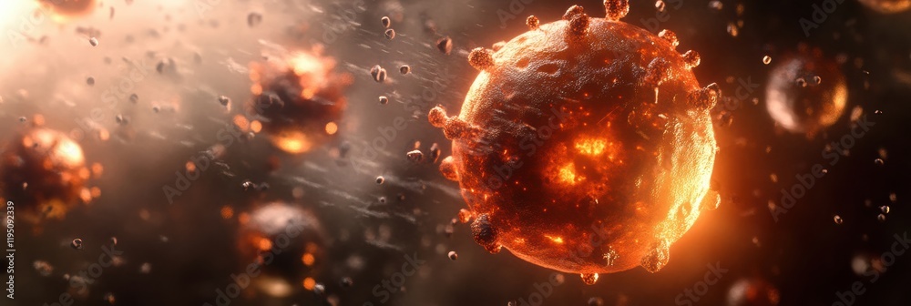 Poster glowing cell confronted by numerous menacing viruses in a dramatic biological landscape. generative 