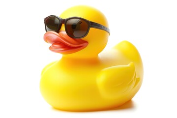 yellow rubber duck wearing black sunglasses on white background