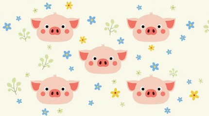 Playful pig patterns in a floral background digital art whimsical environment cheerful concept