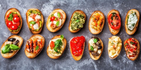 Traditional Italian bruschetta assortment featuring vibrant toppings on toasted bread laid out on a rustic gray background with fresh basil accents.
