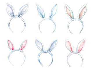 Watercolor set of hoops with white rabbit ears. Children's headband with Easter bunny ears. Watercolor elements for Easter. Vector illustration.