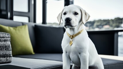 Elegant Adorable Labrador puppy exploring a private yacht deck with a custom gold leash and soft cushions rare Puppy Day nautical luxury 