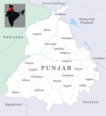 Punjab district map marked with most important cities, state of India