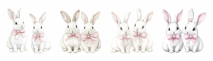 Watercolor set of white bunnies decorated with a pink bow. A pair of white bunnies sitting next to each other. The bunnies have long ears, big eyes and fluffy fur. Easter symbol.