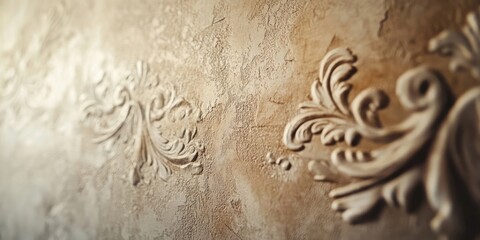 Textured vintage wall backdrop with ornate floral designs in beige and cream hues creating a sophisticated and unique background effect
