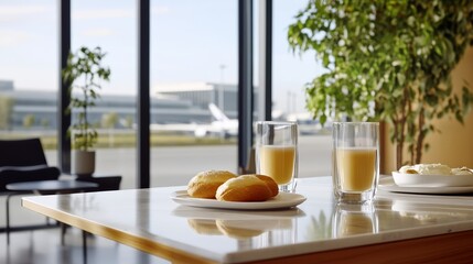 Elegant airport business lounge featuring floor to ceiling windows with views of aircraft marble counters and premium refreshments rare luxury and comfort 