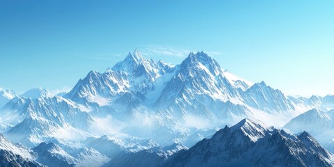 Fototapeta premium Snowy mountain peaks under bright blue sky with soft clouds in the background and foreground focusing on rugged terrain and wide open space for text