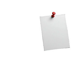 White paper sticky note with red push pin isolated on transparent background