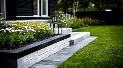 Obraz premium Elegant Backyard with a stone terrace featuring colorful flower beds decorative lanterns and a bubbling water feature rare lush backyard gardens relaxation spot 