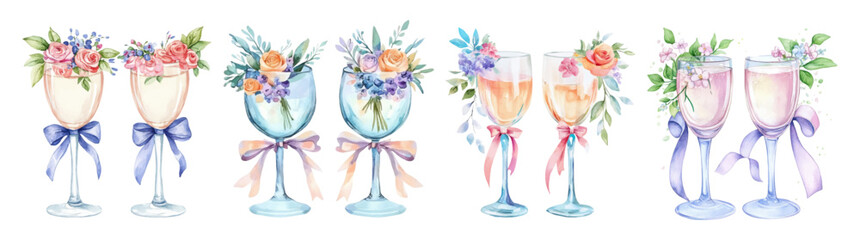 Watercolor set of glasses decorated with flowers png. Glass glasses for champagne, wine decorated with flowers and ribbons on an isolated background. Wedding items for the newlyweds. 