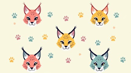 Lynx pattern background illustration wildlife art colorful animal faces playful design fun aesthetic for kids