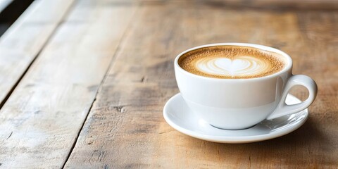 White coffee cup with heart latte art on wooden table, warm brown tones, cup centered on plate, natural light enhancing rustic atmosphere