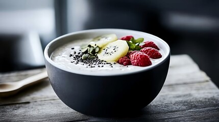Elegant Close up of a nutritious smoothie bowl topped with fresh fruits seeds and a drizzle of honey on a wooden table rare self care practice healthy eating 