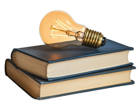 Isolated Light Bulb on Top of Blue Books