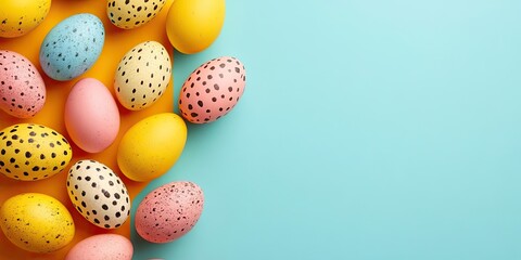 Colorful Easter eggs in yellow pink and blue with black speckles arranged on turquoise and orange background in a playful decorative setting
