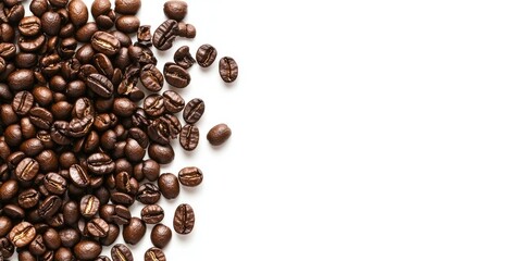 Brown coffee beans scattered on a bright white background occupying the left side with ample negative space for text on the right side