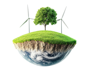 Isolated Earth Floating Island with Wind Turbines and Tree