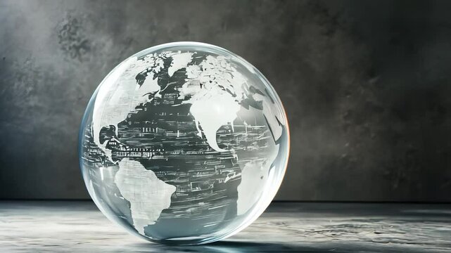 World map in glass sphere. Earth, ball, world, glass floor, travel, continents, land. Continents and continents travel on the floor. A ball of glass travels through the earth and lifestyle world.