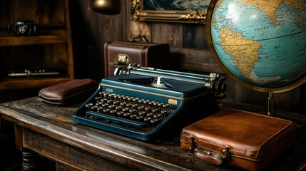Vintage typewriter on wooden desk with globe and suitcases.