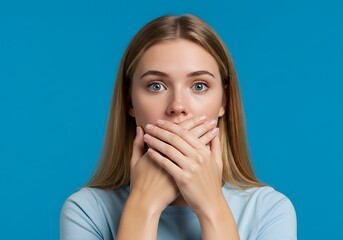 Young caucasian woman isolated on blue background covering mouth with hands
