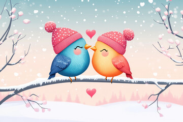 Valentine's day romantic invitation featuring cute birds couple in a heart design - a lovely flat style illustration for your wedding anniversary