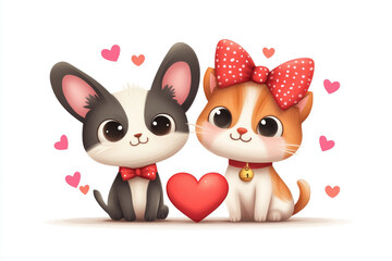 Fototapeta premium Lovely valentine's day celebration cute dog and cat couple in a romantic heart-themed flat style invitation for wedding or anniversary