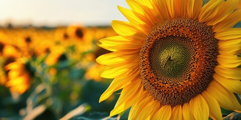 Obraz premium Close up of a vibrant yellow sunflower head centered on the right with blurred green field and golden backdrop softly illuminated by sunlight
