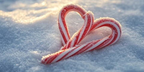 Heart-shaped red and white candy canes on a snowy surface with sparkling frost, capturing the essence of a festive winter celebration.