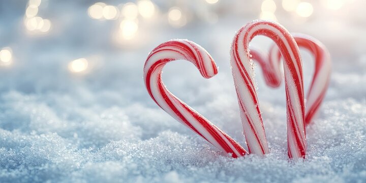 Closeup of heart-shaped red and white striped candy canes on soft snowy background with sparkling bokeh lights creating a festive atmosphere - Powered by Adobe