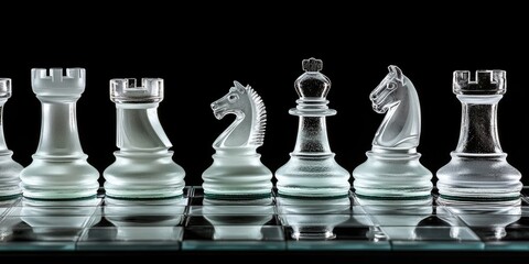 Frosted glass chess pieces elegantly arranged on a glass chessboard against a black background highlighting their intricate designs and textures.