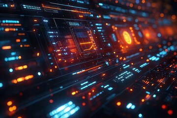 Obraz premium Futuristic Digital Interface: Abstract Technological Background with Glowing Neon Lines and Data Streams