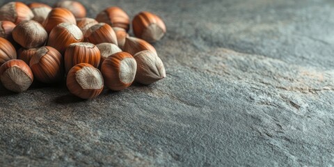 Obraz premium Closeup of scattered hazelnuts with brown shells on a textured dark stone surface arranged on the right side of the image