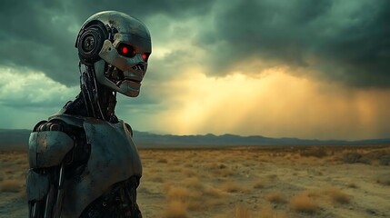 Terminator-like robot in a post-apocalyptic desert landscape under a stormy sky.