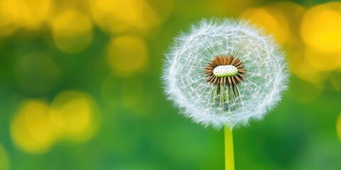 Obraz premium Closeup of a fluffy dandelion puffball with delicate white seeds on a green background, vibrant yellow bokeh for ample text space.