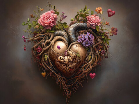 Valentine's day romantic heart symbol with gothic illustration wings and skull ribbon for lovely wedding anniversary invitations - Powered by Adobe