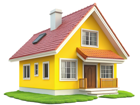 Isolated Yellow House with Red Roof