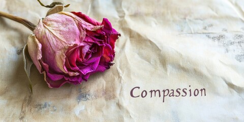Dried pink rose on crumpled brown paper with the word Compassion in dark purple on a soft white background creating a serene, thoughtful mood.