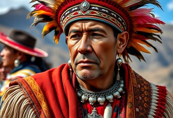 Fototapeta premium Indigenous Andean Man Vibrant Headdress Red Clothing Silver Jewelry Mountain Background