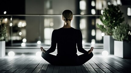 Elegant Person meditating on a rooftop terrace under a starry night sky with city lights twinkling below rare meditating urban zen 
