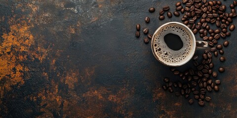 Coffee cup with dark coffee and scattered coffee beans on a textured dark surface featuring rich browns and deep blacks with ample copy space
