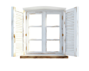 Isolated Open White Window with Wooden Shutters