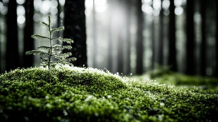 Elegant Quiet forest clearing with sunlight streaming through the trees illuminating soft moss on the ground rare calm atmosphere peaceful nature 