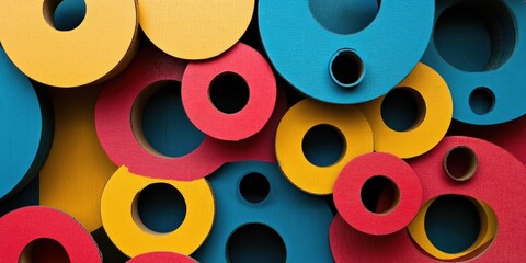 Colorful circular cardboard pieces in vibrant red yellow and blue arranged in a dynamic overlapping pattern creating a visually striking composition