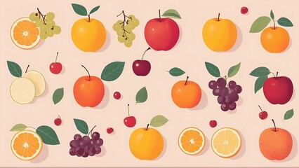Obraz premium A repeating seamless pattern of various fruits including apples, oranges, cherries and grapes, on a light beige background