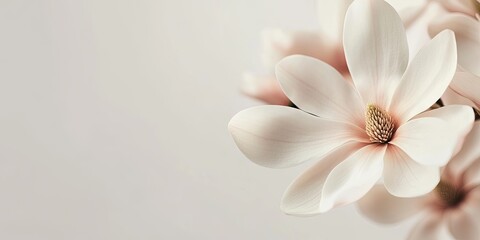 Fototapeta premium Delicate magnolia flower closeup with soft pink and white petals on a light background showcasing elegant details and ample copy space for text.