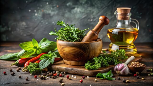 Aromatic herbs and spices blended with olive oil in a wooden mortar and pestle on a rustic stone table - Powered by Adobe
