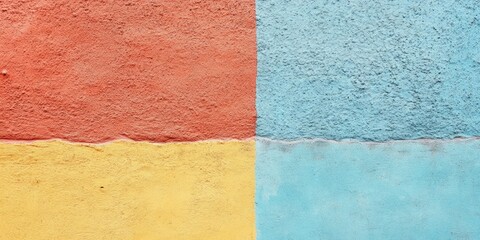 Fototapeta premium Multicolored textured stucco wall featuring vibrant red, yellow, and blue hues with horizontal division ideal for text overlay and creative designs