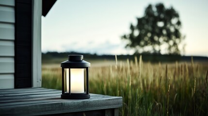 Elegant Starry night sky over a quiet countryside with a lone lantern glowing softly on a wooden porch rare calm atmosphere celestial serenity 