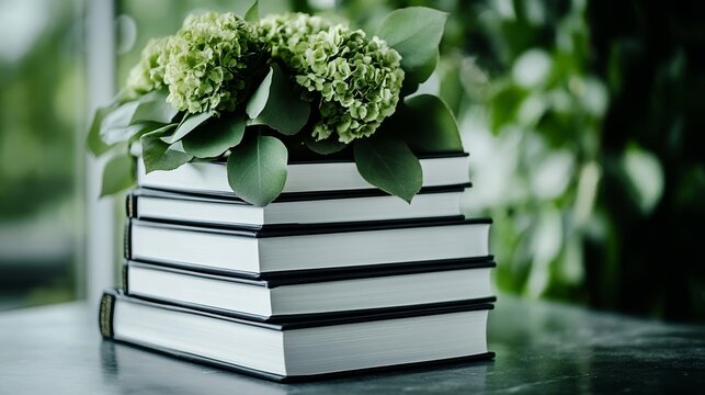 Elegant Stack of books by female authors with golden lettering and a blooming flower bouquet on top rare Womens History Month literary celebration  - Powered by Adobe